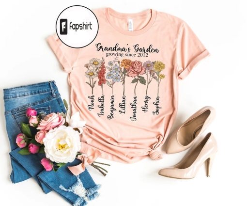 Nana’s Garden Growing Since Shirt with Custom Birth Flowers – Mothers Day Gift – Unique Grandma Gift – Personalized Names Flowers Date