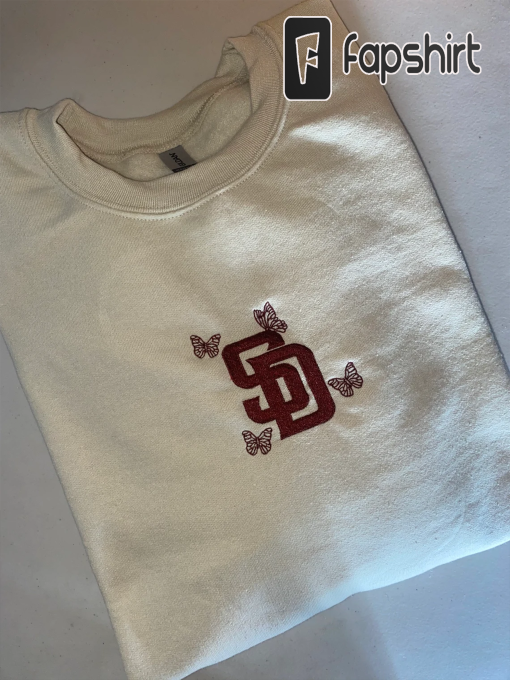 San Diego butterfly embroidered sweatshirt, padres sweatshirt, San Diego Crewneck, Padres apparel, San Diego Padres, embroidery, butterflies