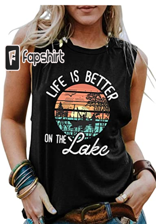 LAZYCHILD The Lake is My Happy Place Shirts Tank Tops Women Sleeveless Summer Graphic Tank Tops Tee Cami