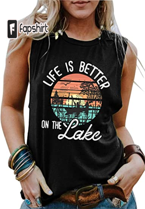 LAZYCHILD The Lake is My Happy Place Shirts Tank Tops Women Sleeveless Summer Graphic Tank Tops Tee Cami