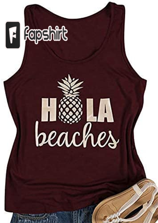 Hubery Women Casual Hola Beaches Letter Print Tanks Shirt Pineapple Print Tops Tee