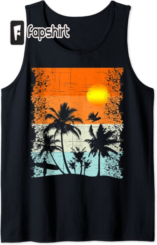 Summer Vacation Surfers at Beach Palm Trees Retro Vintage Tank Top