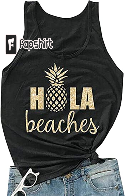 Hubery Women Casual Hola Beaches Letter Print Tanks Shirt Pineapple Print Tops Tee