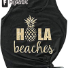 Hubery Women Casual Hola Beaches Letter Print Tanks Shirt Pineapple Print Tops Tee