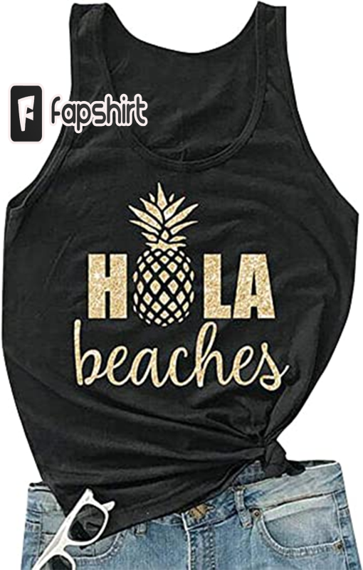 Hubery Women Casual Hola Beaches Letter Print Tanks Shirt Pineapple Print Tops Tee