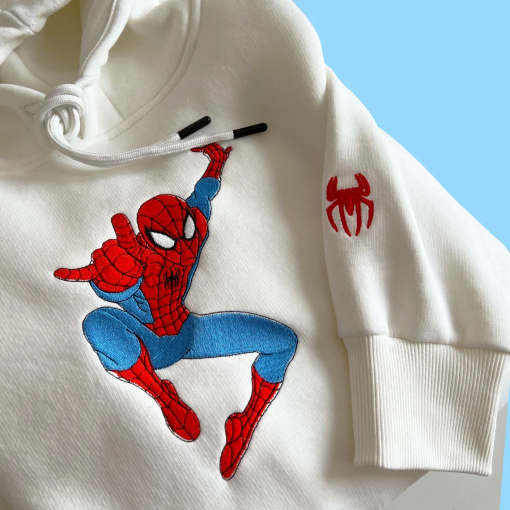 Spiderman Embroidered Hoodie; Spiderman embroidered sweatshirt; Spiderman embroidery; Spiderman Hoodies; Peter Parker sweatshirt