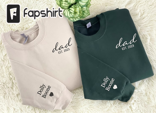 Custom Embroidered Dad Sweatshirt, Dad EST Sweatshirt with Kids Names and Heart on Sleeve, Unique Gifts for Dad, New Dad, Father’s Day Gift