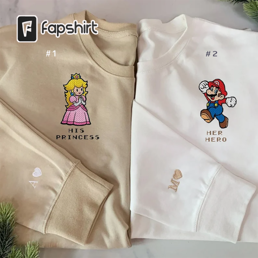 Super Mario Her Hero And His Princess Couple Embroidered Sweatshirt, Custom Cartoon Couple Embroidered Hoodie, Couple Matching Embroidered