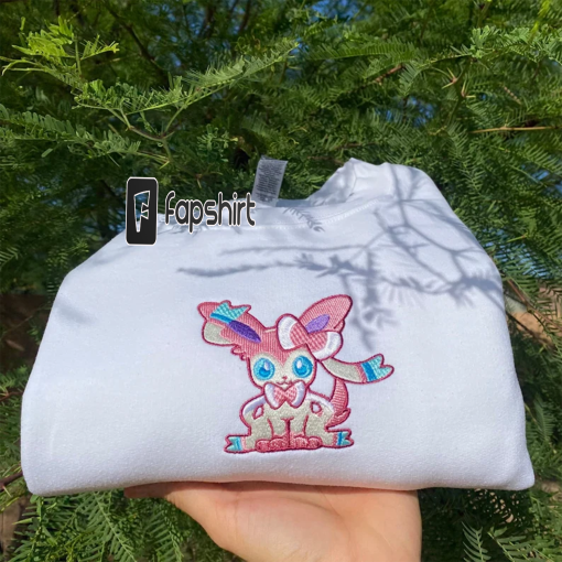 Sylveon Aesthetic Embroidered Sweatshirt, Modern Fairy Type Gift Tshirt, Kawaii Pink Fashion Kalos Eeveelution Hoodie Custom Preppy Crewneck