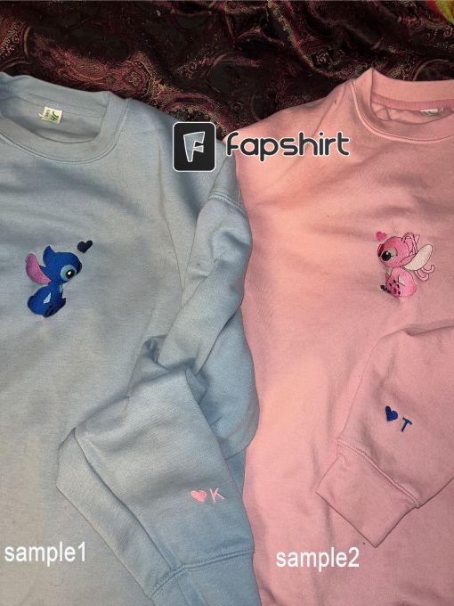 Embroidered Stitch and Angel pullover, Custom Heart Sleeve Couple Sweatshirts, crewneck gift for birthday and anniversary