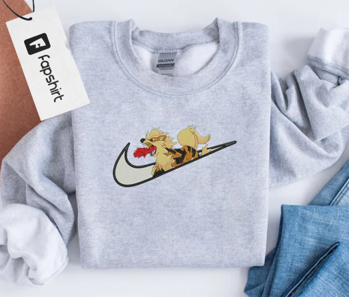 Dragon fox Swoosh NK Embroidery Shirt, Pokemo.n Anime Swoosh Embroidery Sweatshirt, Custom Embroidered Crewneck