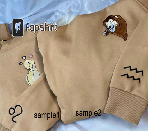 Simba x Nala Embroidered Sweater, Lion Matching Couple Embroidered Sweatshirt, Cartoon Embroidered Sweatshirts, Couple Embroidery Hoodie