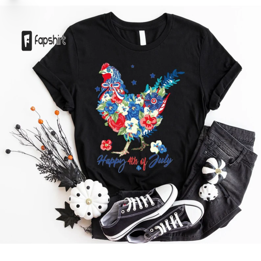 4th of July Chicken Shirt, Fourth of July T Shirt, Floral Chicken Graphic Tees, America Vneck Tshirts, Patriotic Mom Shirt, Gift for Her