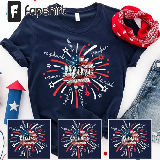 Personalized 4th of July Sunflower Nana Shirt, Mimi Star Firework American Flag Shirt, Patriotic Grandma with Kid Shirt for Independence Day