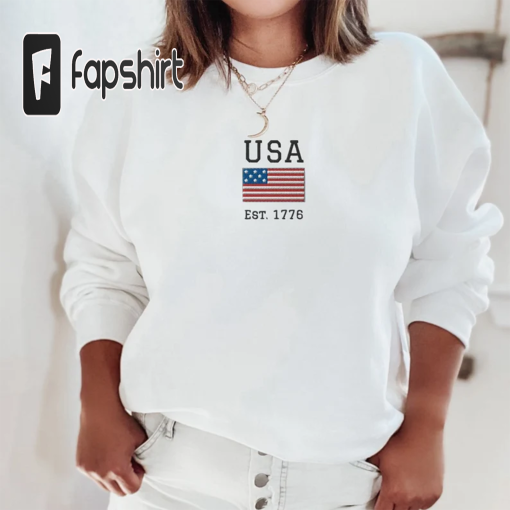 USA Embroidered Crewneck Sweatshirt, 4th of July Shirt Women, American Flag Embroidery, Red White and Blue Shirt, Minimal Embroidered Shirt