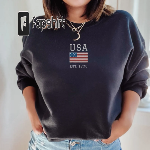 USA Embroidered Crewneck Sweatshirt, 4th of July Shirt Women, American Flag Embroidery, Red White and Blue Shirt, Minimal Embroidered Shirt