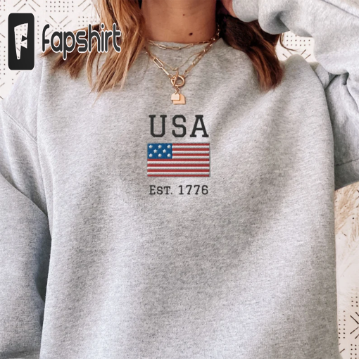 USA Embroidered Crewneck Sweatshirt, 4th of July Shirt Women, American Flag Embroidery, Red White and Blue Shirt, Minimal Embroidered Shirt