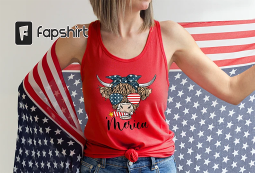 Patriotic Cow Shirt, 4th Of July T-Shirt, Independence Day Shirt, America Flag, Highland Cow Tee, Cow Bandana USA Tees, American Cow T-shirt