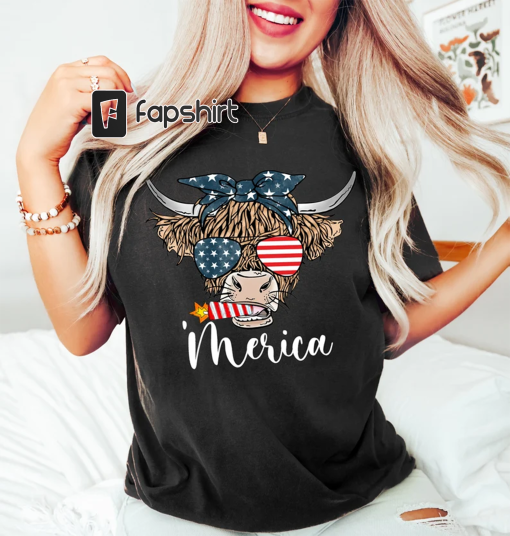 Patriotic Cow Shirt, 4th Of July T-Shirt, Independence Day Shirt, America Flag, Highland Cow Tee, Cow Bandana USA Tees, American Cow T-shirt