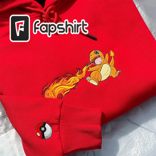 Pokemon Charmander Embroidered Hoodie; Pokemon embroidered sweatshirt; Pokemon embroidery; Pokemon Hoodies; Pokemon Dragonite sweatshirt