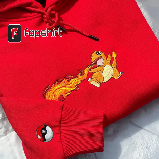 Pokemon Charmander Embroidered Hoodie; Pokemon embroidered sweatshirt; Pokemon embroidery; Pokemon Hoodies; Pokemon Dragonite sweatshirt