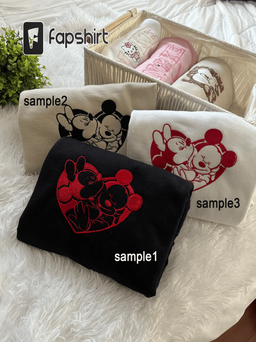 Mic.key and Min.nie Matching Couple Embroidered Sweatshirt, Cartoon valentine’s day Gift, Cartoon Embroidery Hoodie