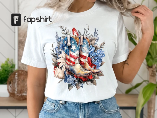 American Flag Cowgirl Boots 4th July T Shirt – Patriotic Red White Blue T Shirt, Independence Day Tee, Funny 4th July Shirt