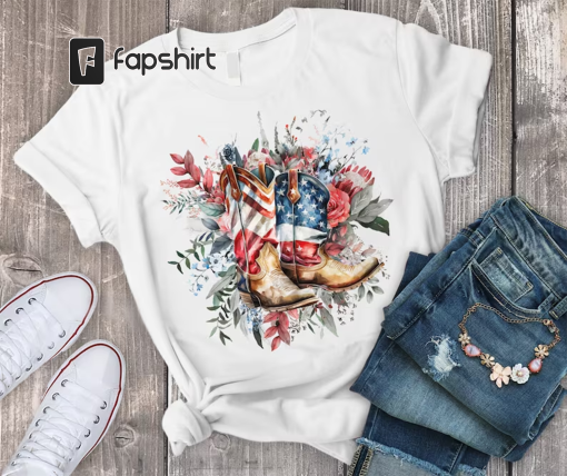 American Flag Cowgirl Boots 4th July T Shirt – Patriotic Red White Blue T Shirt, Independence Day Tee, Funny 4th July Shirt