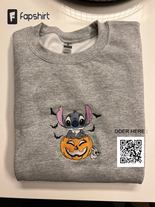 Vintage Embroidered Sweatshirt Inspired Disney Stitch & Halloween Pumpkin Face