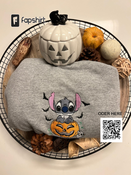 Vintage Embroidered Sweatshirt Inspired Disney Stitch & Halloween Pumpkin Face