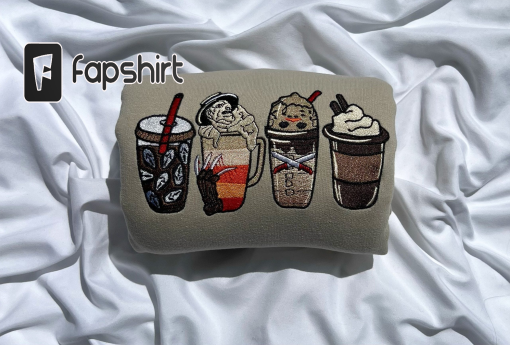 Coffee Latte X Halloween Character Cups Cute Vintage Embroidery Crewneck Sweatshirt