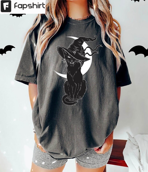 Black Cat Witch Halloween Shirt, Spooky Witchy Sweater Crewneck