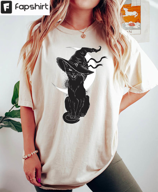 Black Cat Witch Halloween Shirt, Spooky Witchy Sweater Crewneck