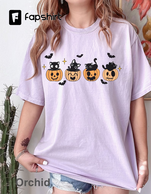 Comfort Colors® Black Cat Pumpkin Halloween shirt, shirt for fall, Black Cat t-shirt, Halloween Black Cat Design, iprintasty halloween