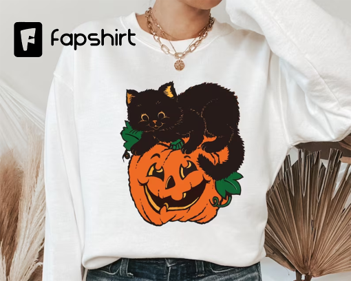 Vintage Halloween Unisex Sweatshirt and Hoodie, Pumpkin Halloween, Pumpkin and Black Cat Tee