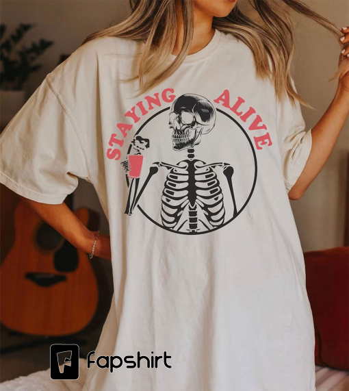 Comfort Colors® Staying Alive Shirt, Halloween tshirt, Vintage spooky season Shirt, Halloween Coffee Shirt, Coffee Skeleton t-shirt