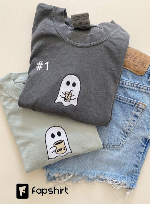 Little Ghost Coffee Tee — Comfort Colors, Embroidered, Halloween Tee