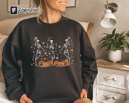 Dancing Skeleton Sweatshirt, Pumpkin Sweater, Pumpkin Skeleton Shirt, Fall Sweatshirt, Halloween Party Sweatshirt, Spooky Season Sweatshirt