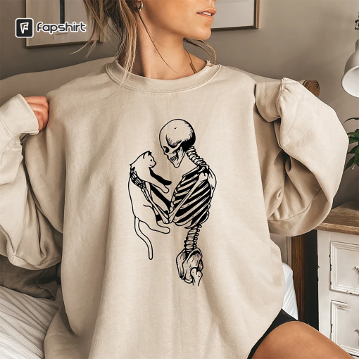 Skeleton Sweatshirt,Skeleton And Cat Hoodie,Gifts For Cat Lovers Shirts,Skeleton Love,Cat Lady,Cat Mom,Cat Clothing,Cat Dad,Cat Tees,PC6396