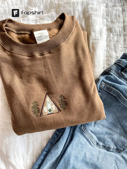 A-Frame Cabin Embroidered Crewneck Sweatshirt, Winter Sweater, Christmas embroidery sweater, Camping Apparel, Cozy Loungewear, Pine Tree