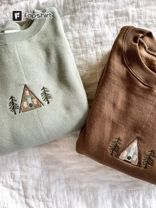 A-Frame Cabin Embroidered Crewneck Sweatshirt, Winter Sweater, Christmas embroidery sweater, Camping Apparel, Cozy Loungewear, Pine Tree