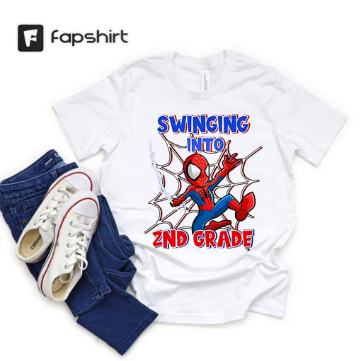 Personalized Spiderman Swinging Into KinderGarten Shirt, Spiderman Shirt, Back To School Shirt, First Day Of School T-Shirt, Pre School Shir