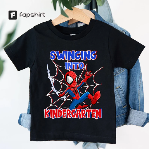 Personalized Spiderman Swinging Into KinderGarten Shirt, Spiderman Shirt, Back To School Shirt, First Day Of School T-Shirt, Pre School Shir