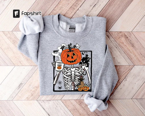 Pumpkin Skeleton Drinking Coffee Shirt, Funny Halloween T shirt, Skeleton Coffee Lover Shirts, Enjoy Pumpkin Sweatshirt, Coffee Lover Tees