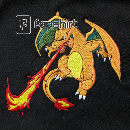 Pokemon Charizard Embroidered Hoodie; Pokemon Charizard embroidered sweatshirt; Pokemon embroidery; Pokemon Hoodies; Charizard sweatshirt