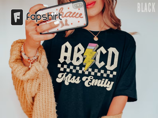 Custom Teacher Shirt Retro ABCD Teacher Name Shirts For Back to School Teacher Appreciation Gift Customized Name Teacher TShirt Cute Trendy