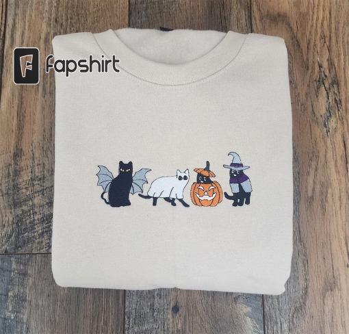 Ghost Cats Halloween Embroidery Sweatshirt, Halloween Ghost Cats Embroidered Unisex Sweatshirt