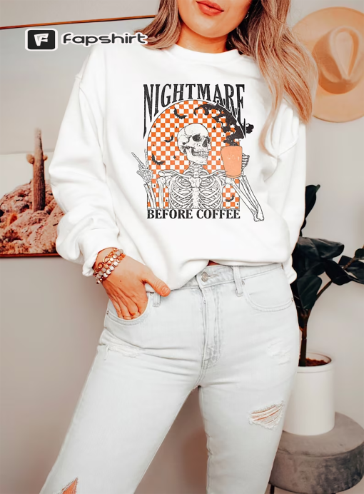 Funny Halloween Horror Skeleton Coffee Sweatshirt, Cute Halloween Shirt, Fall Coffee Sweater, Spooky Fall Crewneck for Women