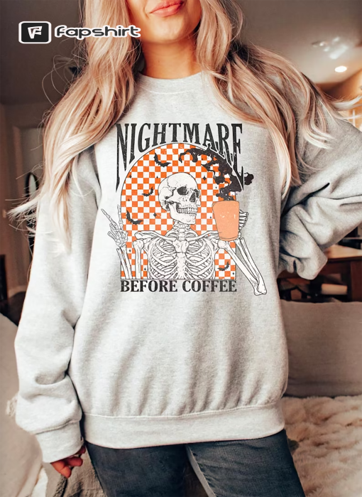 Funny Halloween Horror Skeleton Coffee Sweatshirt, Cute Halloween Shirt, Fall Coffee Sweater, Spooky Fall Crewneck for Women