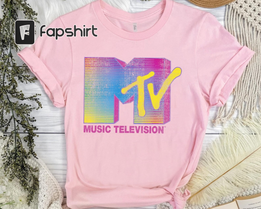 MTV Distressed Fluorescent Gradient Logo Shirt, 80s & 90s Unisex T-shirt Family Birthday Gift Adult Kid Toddler Tee